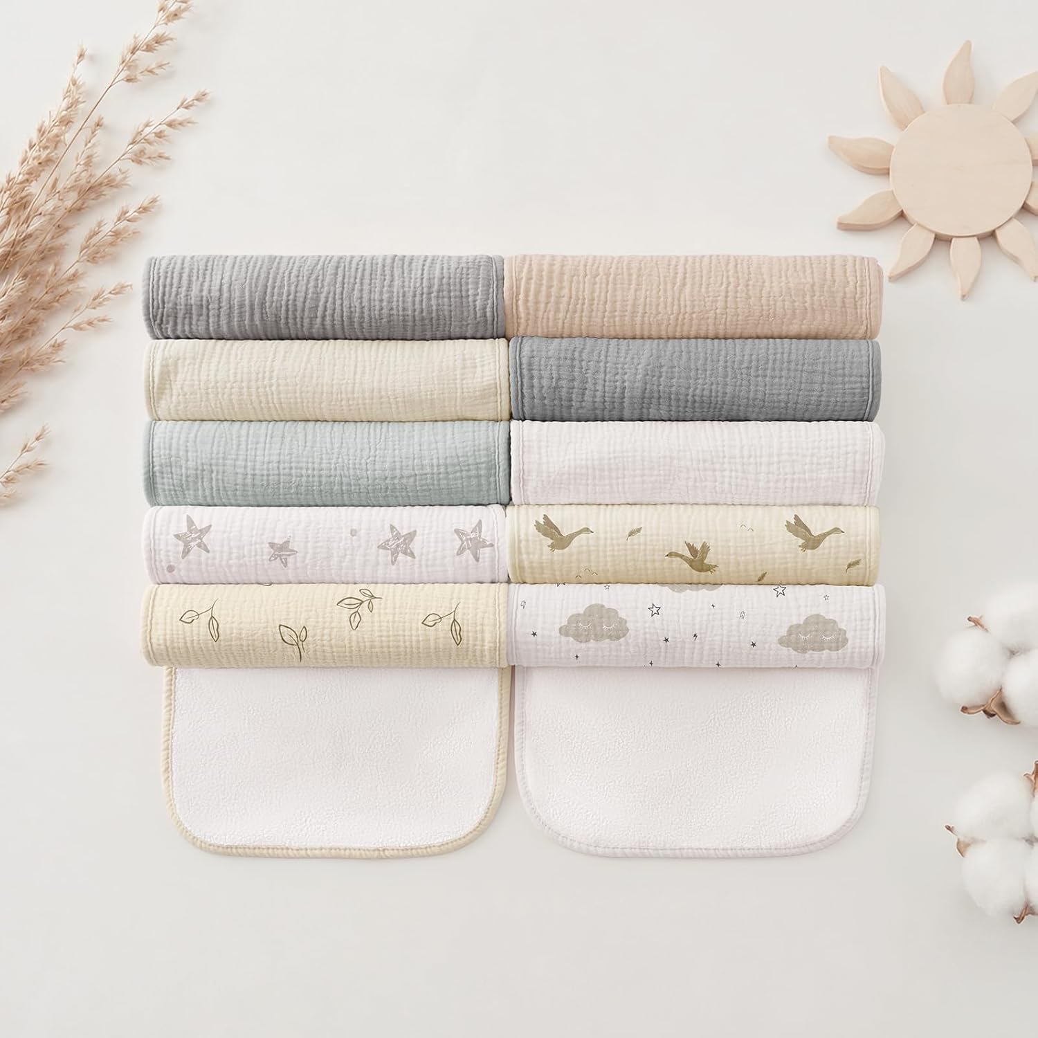 Bearmoss 10 Pack Muslin Burp Cloths, Soft Absorbent Baby Burping Cloths for Unisex Boys and Girls, Newborn Essentials Large Extra Washcloths, 20x10 inches