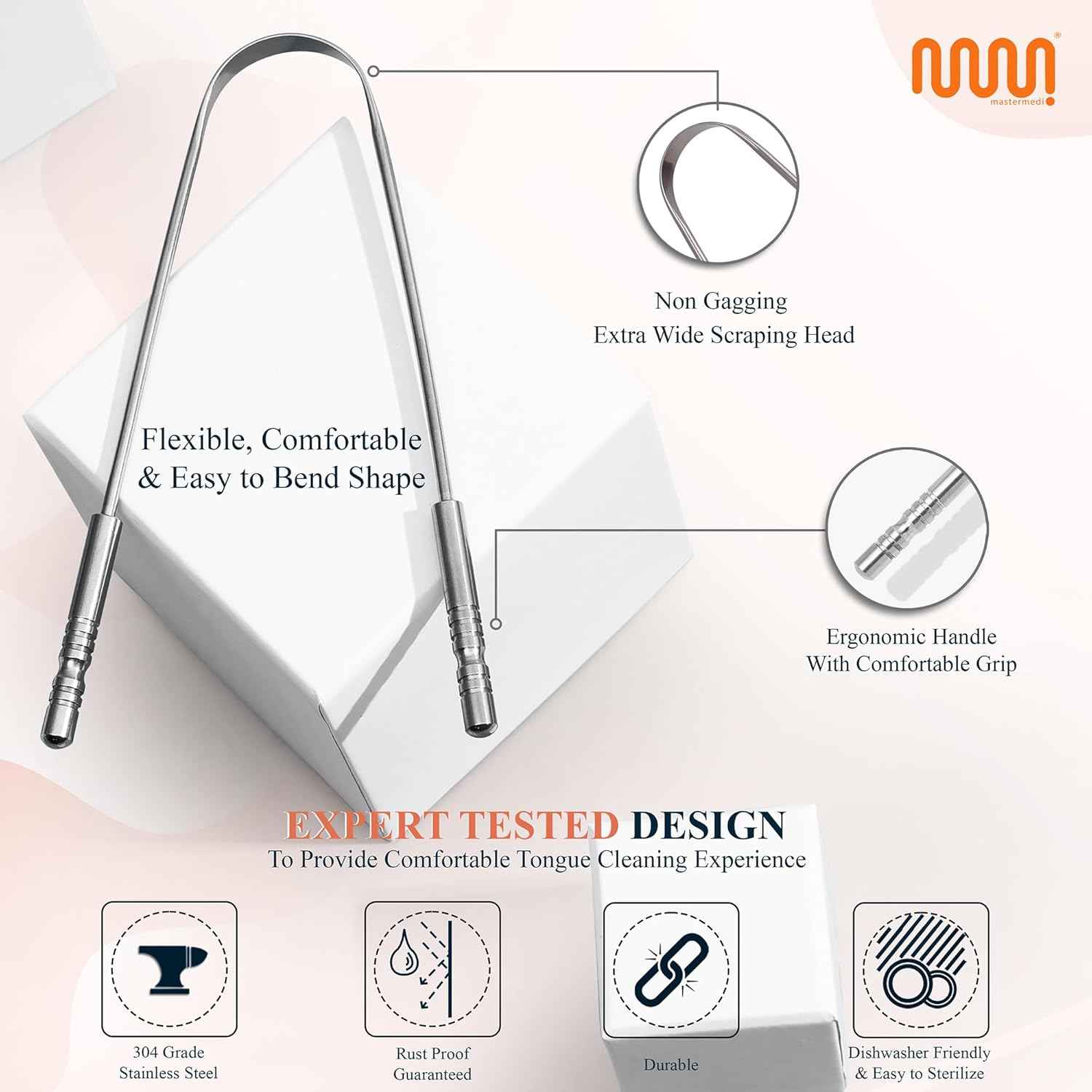 MasterMedi Tongue Scraper with Multicolor Cases (2 Pack), 100% Stainless Steel, Reduce Bad Breath, Easy to Use Tongue Scraper for Adults, Tongue Cleaner for Oral Care & Hygiene