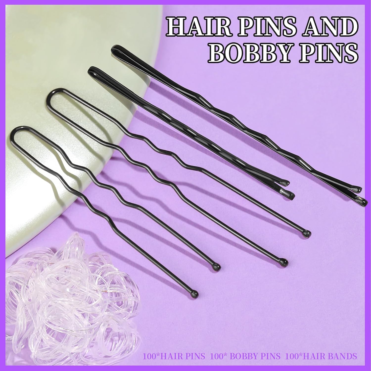 Teenitor 300pcs Bobby Pins Hair Pins Kit, 100pcs Bobby Pins 100 Hair Pins for Women for Buns, 100pcs Hair Bands, 2" 2.36", Bobb y Pins for Gray Hair 2" 2.75"
