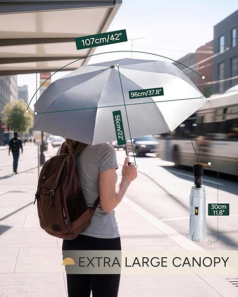 UPF 50+ UV Umbrella for Sun Protection, 42/46 Inch Silver Compact Travel Umbrella Windproof, Under 0.9 Pound Folding with Auto Open Close Portable UV Blocking