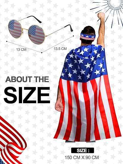 Frienda American Flag Costume Cape, 4th of July 250th Retro 80's USA Sunglasses and Flag Headband for 250th Anniversary