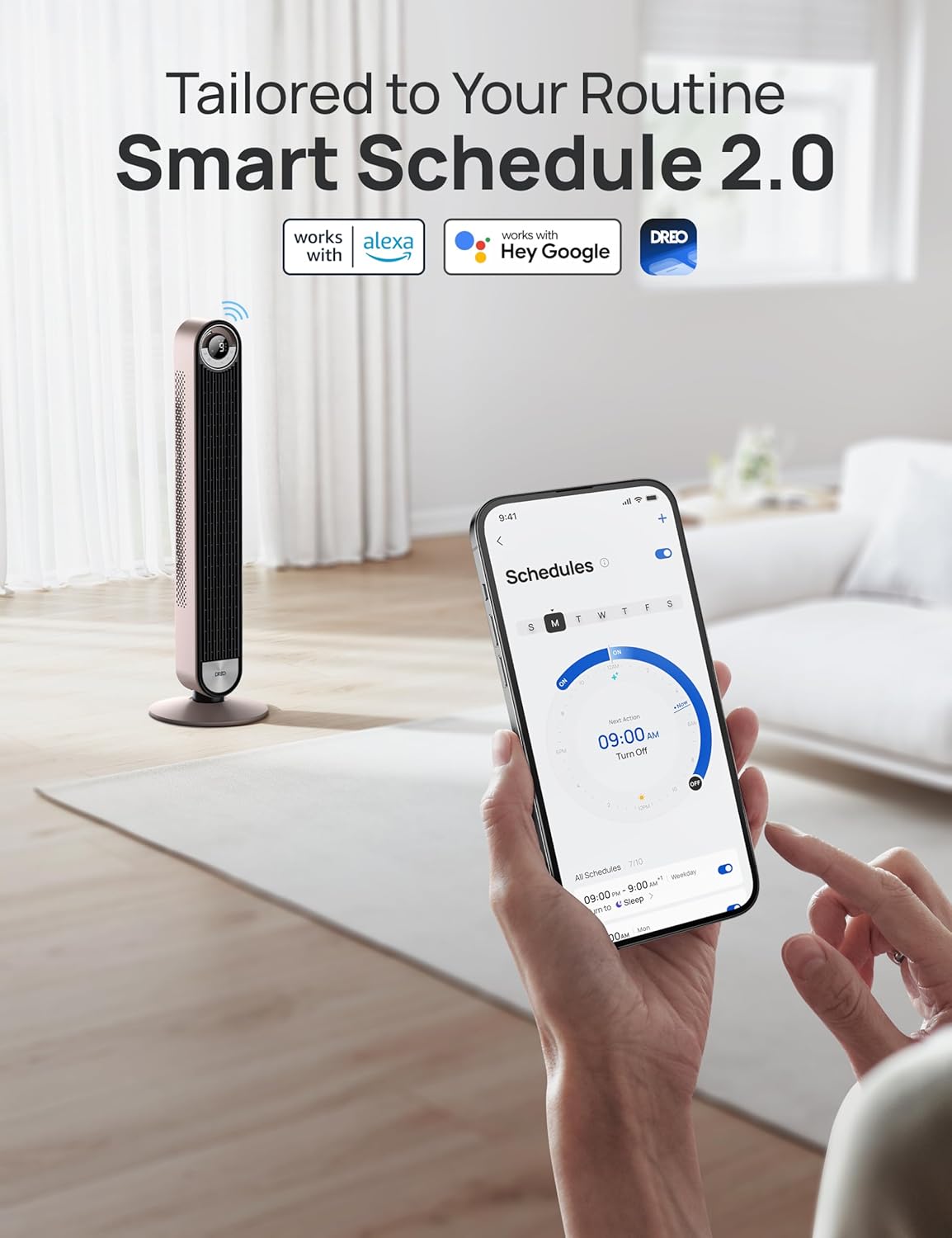 DREO Tower Fan for Bedroom, 90° Oscillating Standing Fan with 28ft/s Velocity, 20dB Quiet for Sleep, DC Motor, 9 Speeds, 4 Modes, 12H Timer, Voice & APP & Remote Control, Starlight
