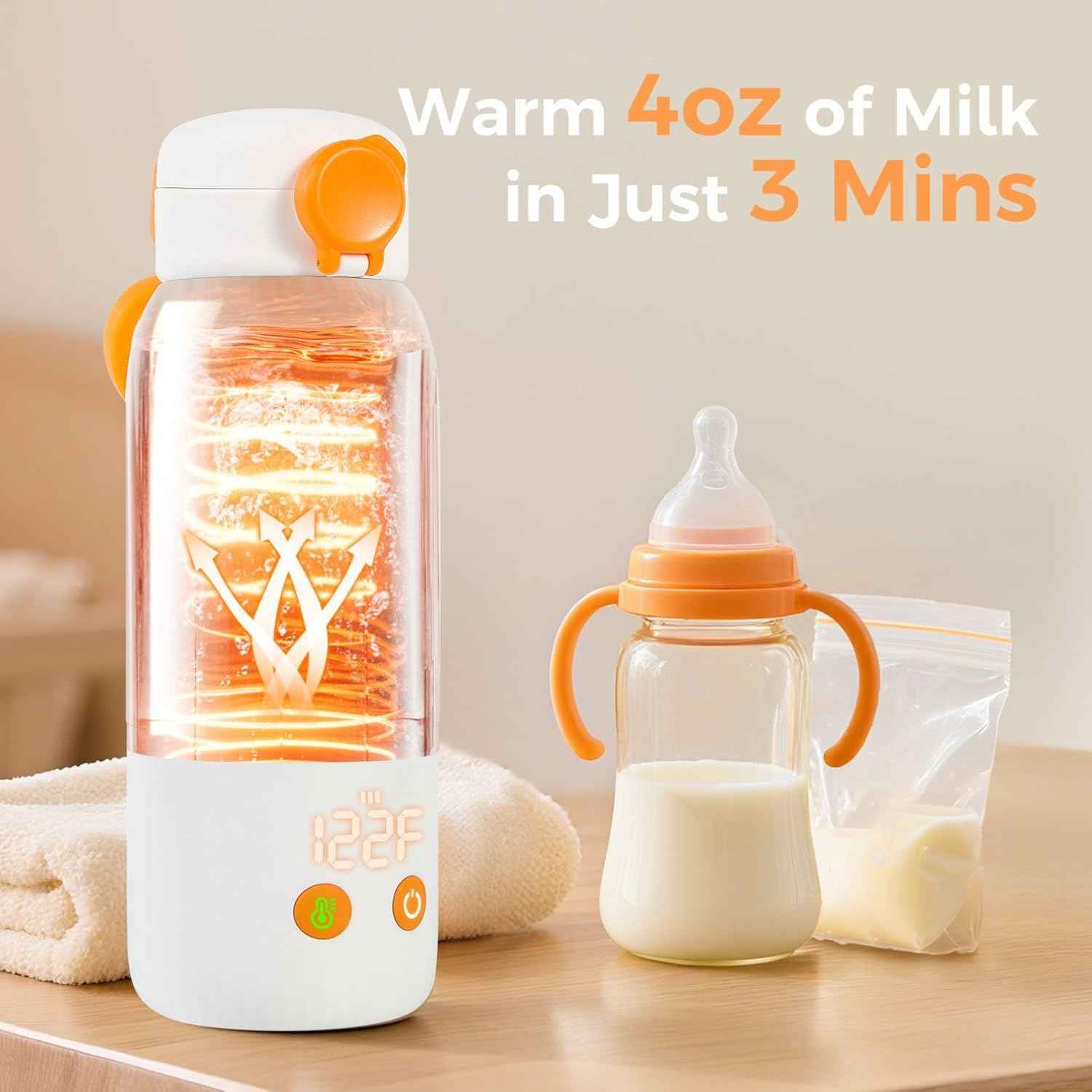Portable Bottle Warmer for Travel, 12oz Large Capacity Fast Heating, 4 Levels Precise Temperature Control, Long Battery Life, Rechargeable Formula Water Milk Warmer for Car, Airplane & Outdoor Use