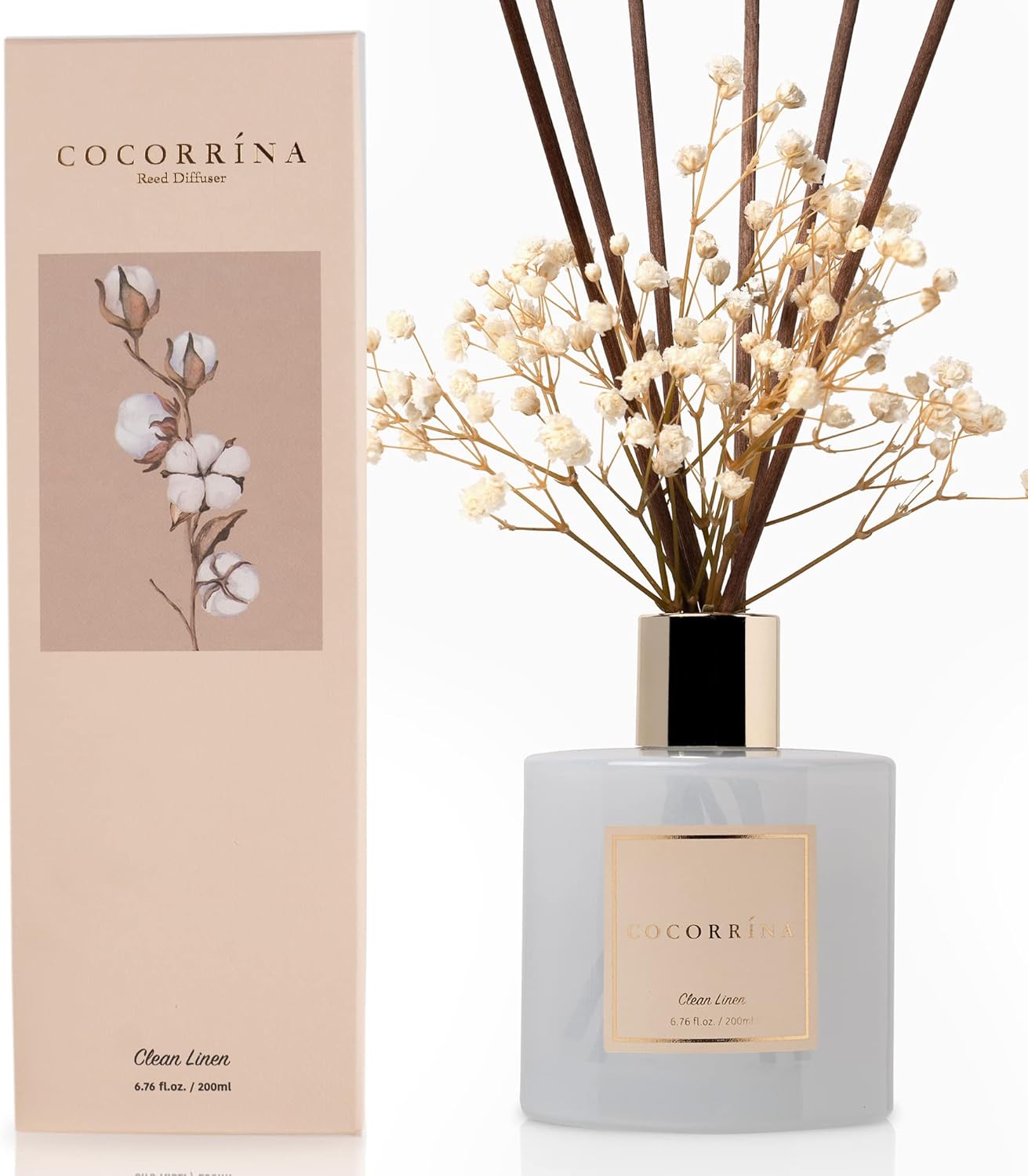 Cocorrína Reed Diffuser Set, 6.7 oz Clean Linen Scented Diffuser with Sticks Home Fragrance Reed Diffuser for Bathroom Shelf Decor