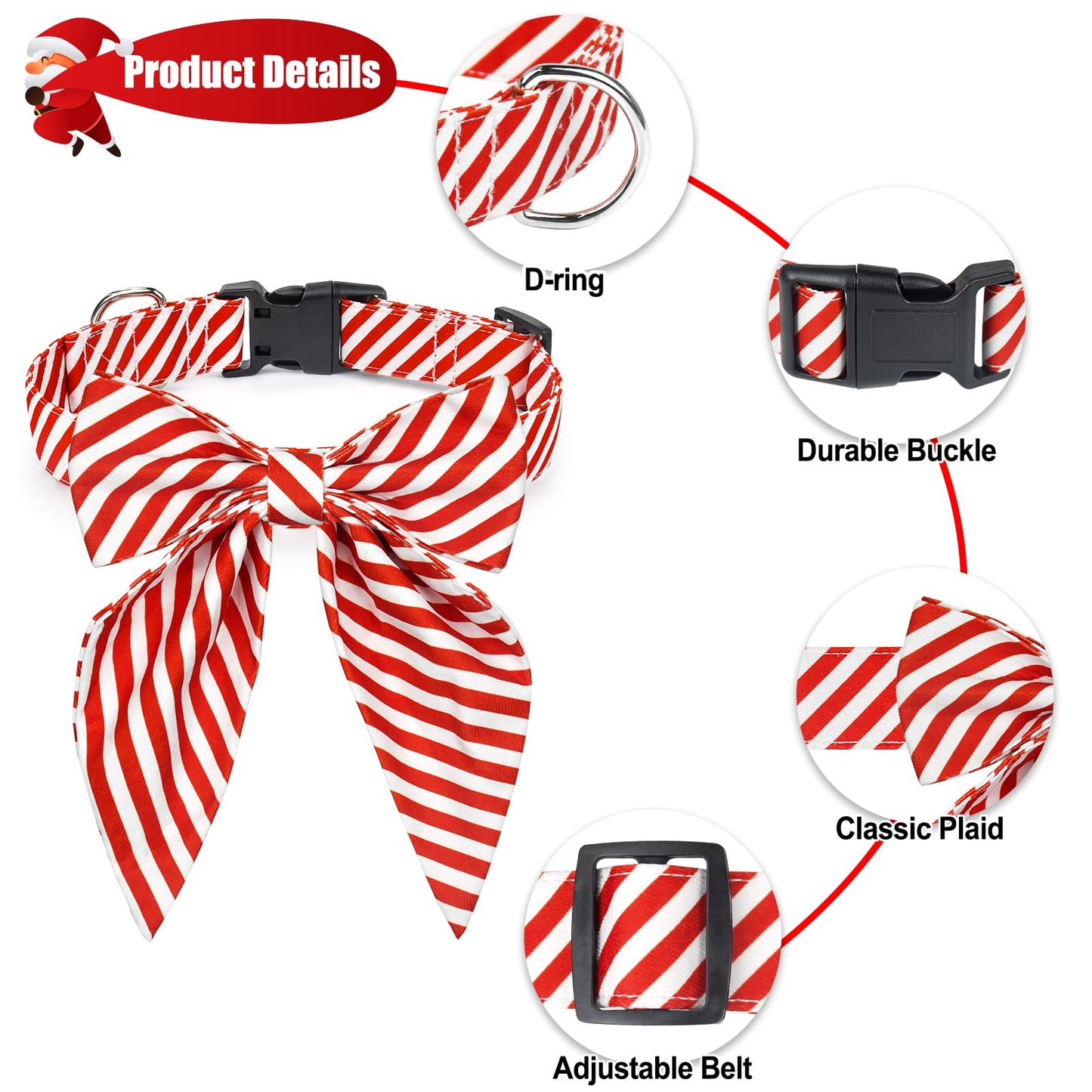Christmas Dog Collar with Bow Tie – Plaid Adjustable Collar for Pets
