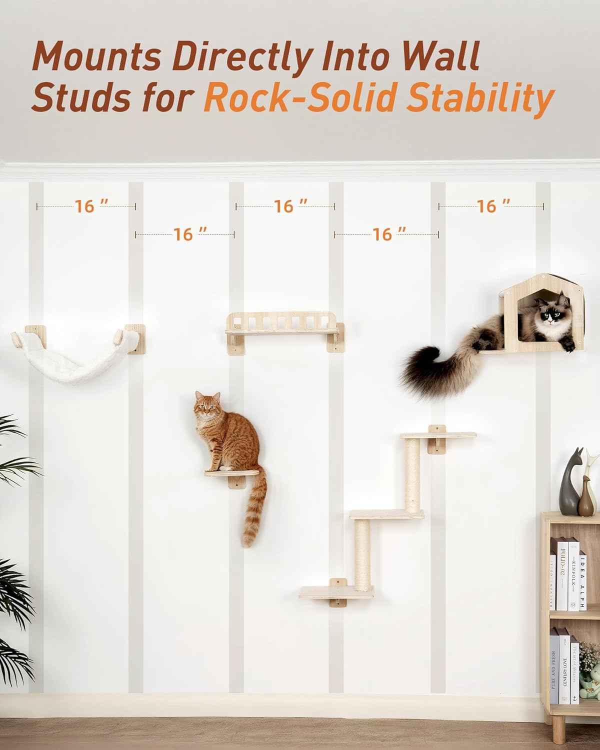 Cat Wall Shelves for Large Cats, 5-in-1 Cat Wall Furniture with Large Hammock and Wide Perch, Wooded Wall Climbing Furniture Set for Indoor Cats