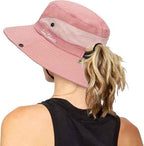 Women's Outdoor UV-Protection-Foldable Sun-Hats Mesh Wide-Brim Beach Fishing Hat with Ponytail-Hole