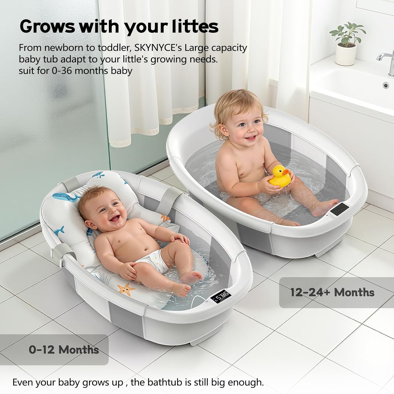 Collapsible Baby Bathtub for Newborn to Toddler 0-36 Months, Large Baby Bath Tub with Thermometer & Cushion, Easy Setup Foldable Travel Infant Bathtub, Newborn Babies Boy Girls Bath Tubs