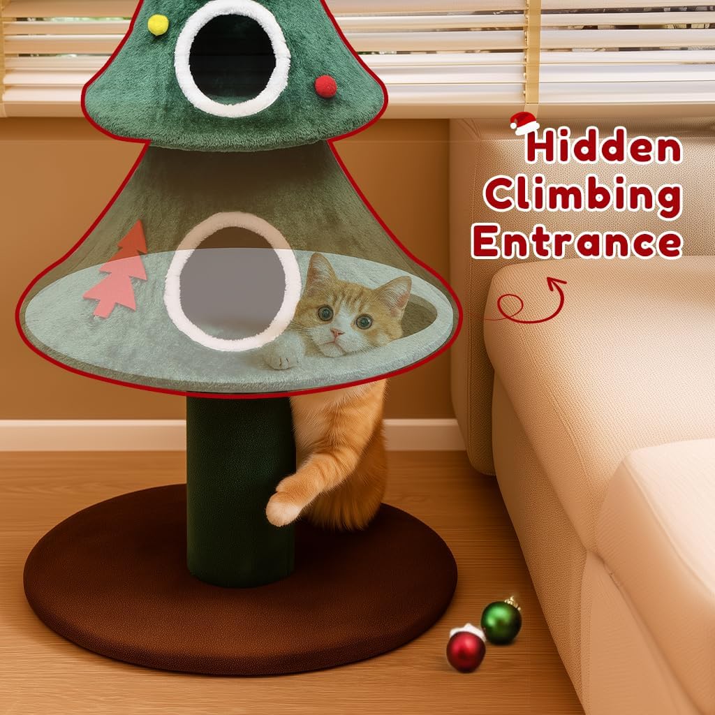 Cat playing with a UFO-shaped climbing toy in a living room.