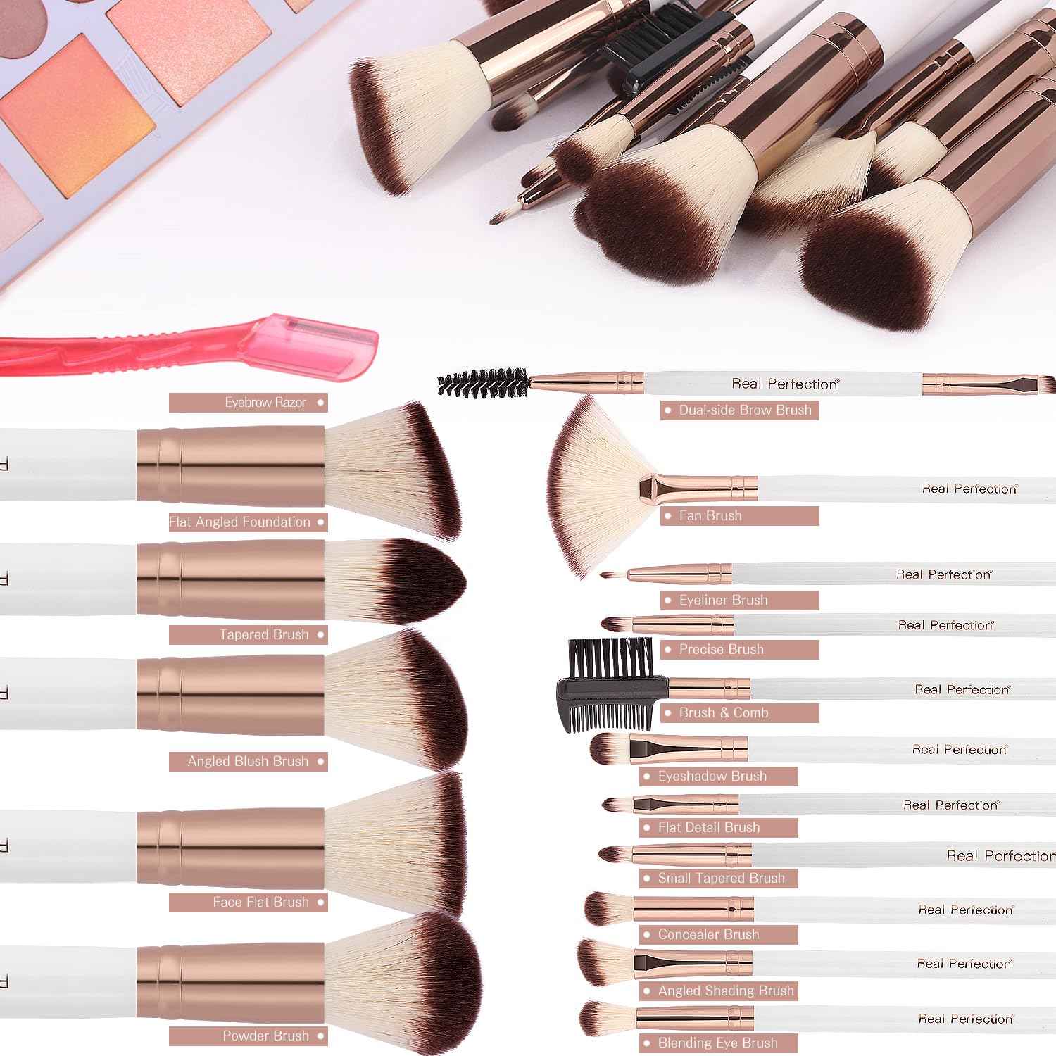 Real Perfection Makeup Brush Set 16 Pcs with 1 Eyebrow Razor Premium Synthetic Foundation Powder Concealers Eyeshadow Blush Makeup Brushes Make up Brushes Kit