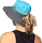 Women's Outdoor UV-Protection-Foldable Sun-Hats Mesh Wide-Brim Beach Fishing Hat with Ponytail-Hole