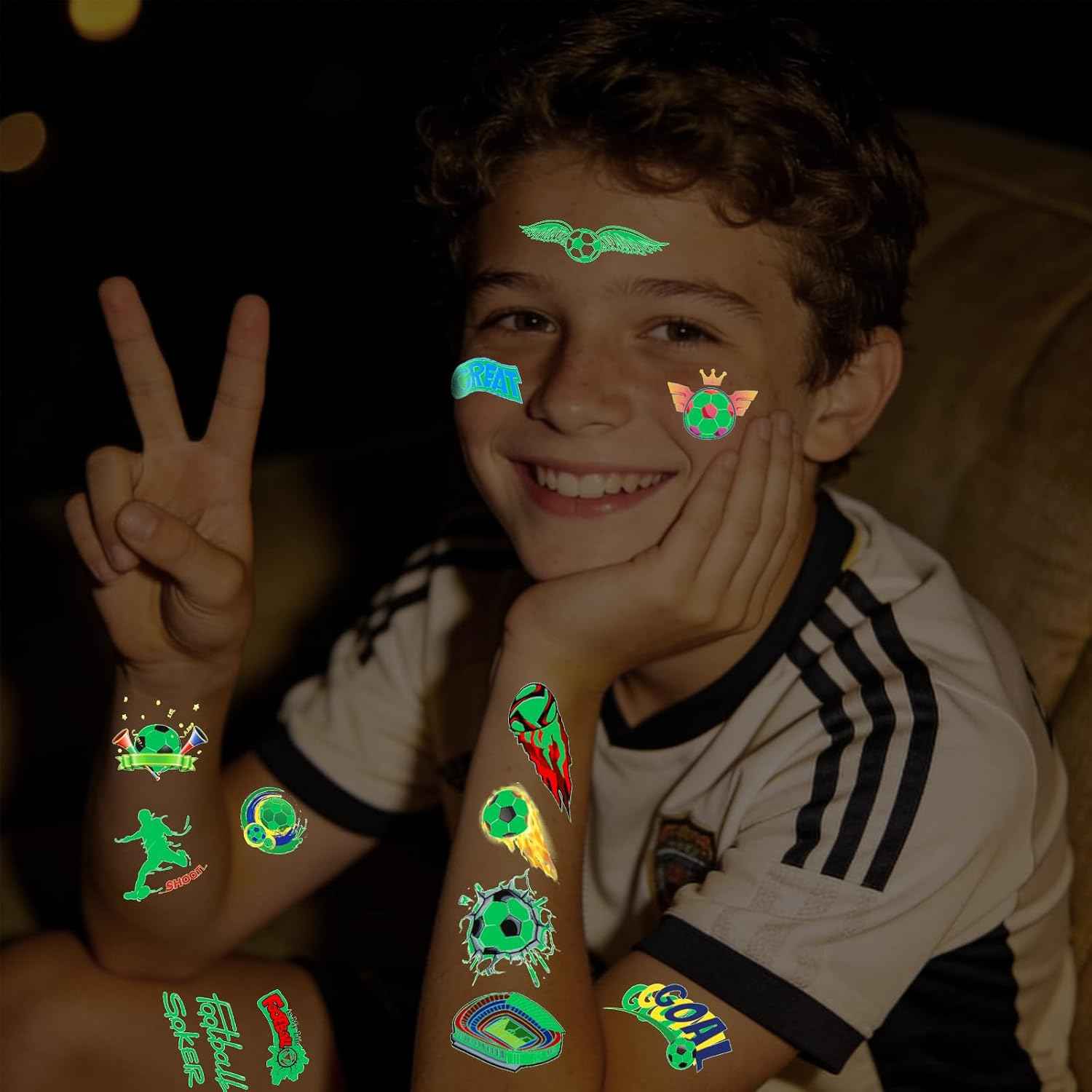 Glow in the Dark Soccer Temporary Tattoos for Kids, 60Pcs Sport Party Favors for Boys and Girls, Goodie Bag Stuffers, Sports Fan Makeup for Game Day & Soccer Birthday Party Decorations