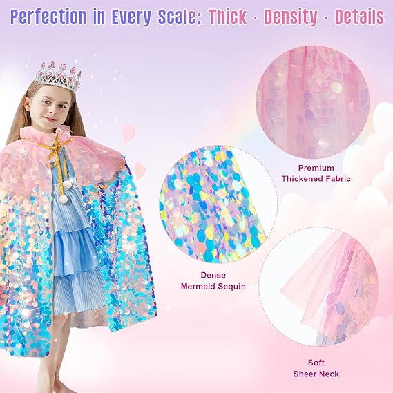 Meland Princess Dress Up for Girls 3-8, Mermaid Cape with Crown, Dress Up Clothes Birthday Gift Toys for Girls Toddlers