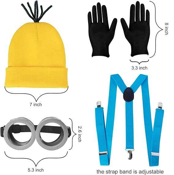 CONGRU 4 Pcs Halloween Costume Accessories Adults-Yellow Beanie Hat/Goggles/Gloves/Suspenders for Halloween Dress Up