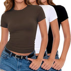 CE' CERDR 3/5 Pack Womens T Shirts Short Sleeve Workout Tops Basic Tees | Crew Neck, Fitted Plain Tshirts, Stretchy Undershirt, Casual Going Out Gym, Summer Layering Clothes, Y2K Crop Tops