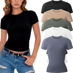 CE' CERDR 3/5 Pack Womens T Shirts Short Sleeve Workout Tops Basic Tees | Crew Neck, Fitted Plain Tshirts, Stretchy Undershirt, Casual Going Out Gym, Summer Layering Clothes, Y2K Crop Tops