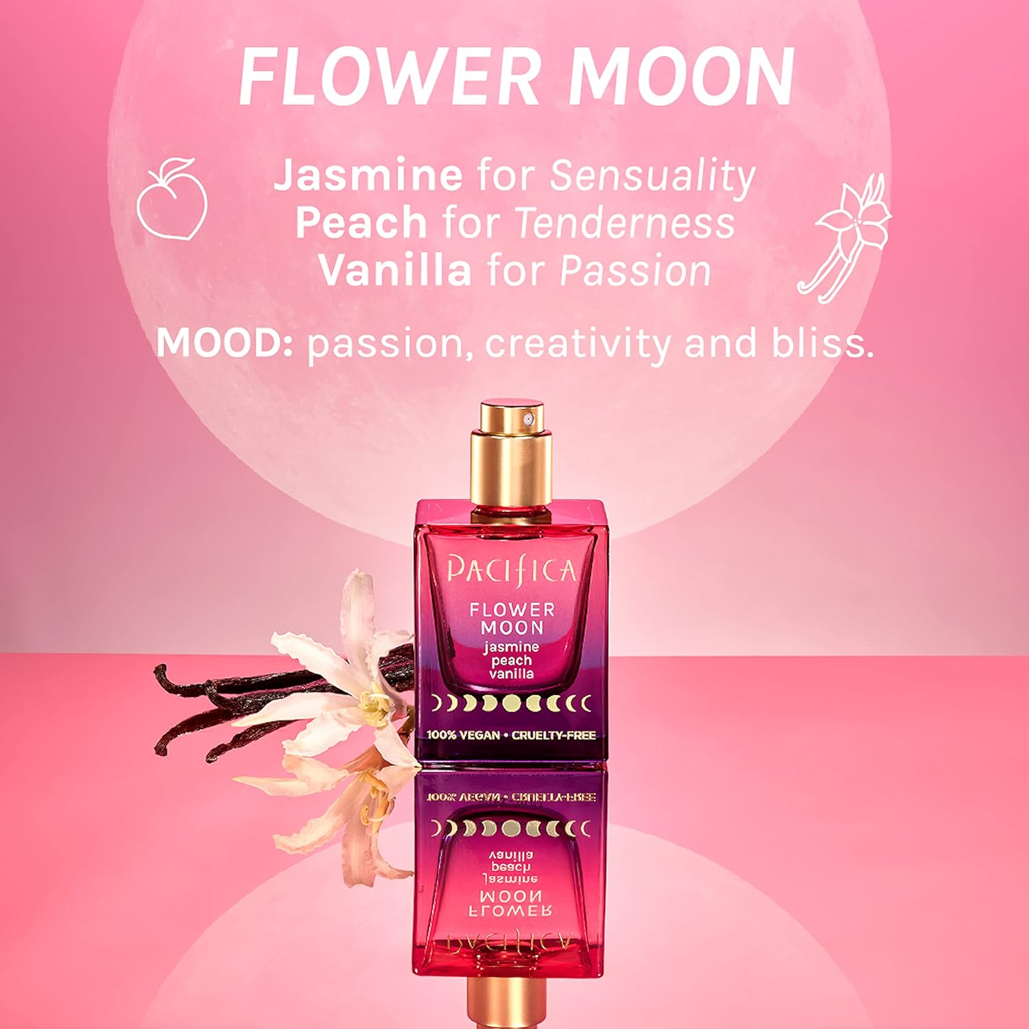 Pacifica Beauty Flower Moon Spray Perfume, Fragrances, Passion, Euphoria, Jasmine, Peach, Vanilla, Musk, Spray Perfume, Clean Perfume, Parfum, Eau de Toilette, Vegan, 1 fl oz (1 Count)