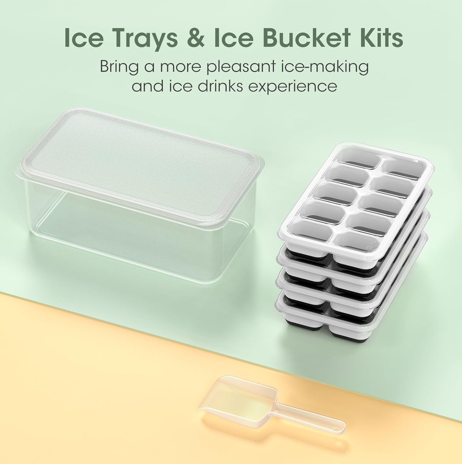 DOQAUS Ice Cube Tray with Lid and Bin - 4 Pack Silicone Ice Cube Trays for Freezer, Stackable Ice Bucket Kits with Storage Container & Scoop for Kitchen