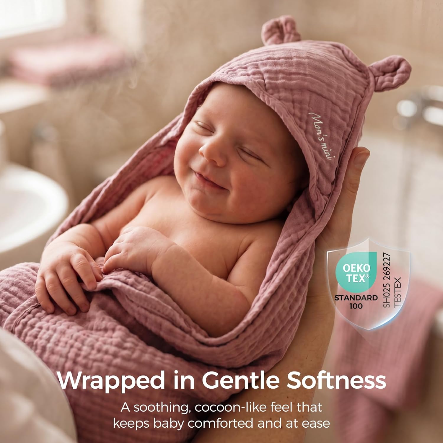 Momcozy Baby Towels, 6-Layer 100% Cotton Muslin Hooded Baby Towel Set for Newborn, Infant & Toddler, Soft Absorbent Baby Bath Essentials, Large 32 x 32 Inch