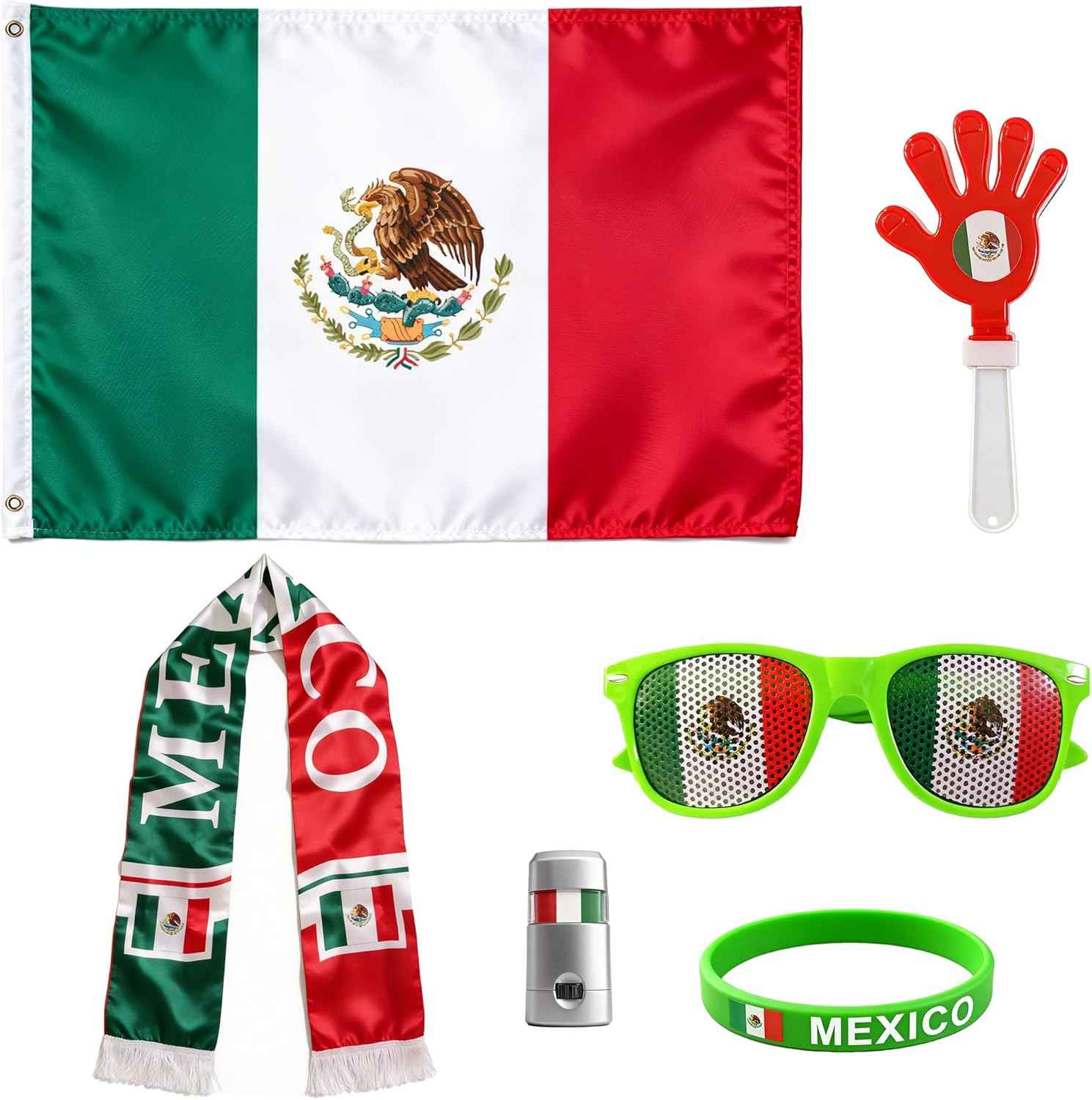 6 Pcs Cheering Set for Game Day Watch Party – Flag, Fan Scarf, Wristband, Flag Glasses, Hand Clapper, Blendable Face Paint Sticks