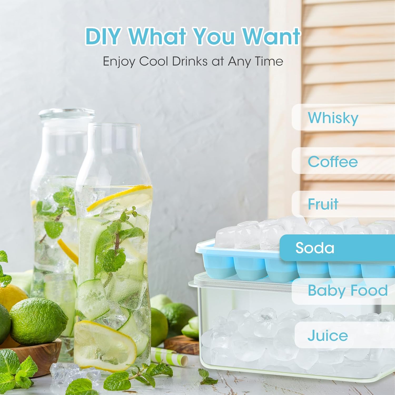 DOQAUS Ice Cube Tray with Lid and Bin - 4 Pack Silicone Ice Cube Trays for Freezer, Stackable Ice Bucket Kits with Storage Container & Scoop for Kitchen
