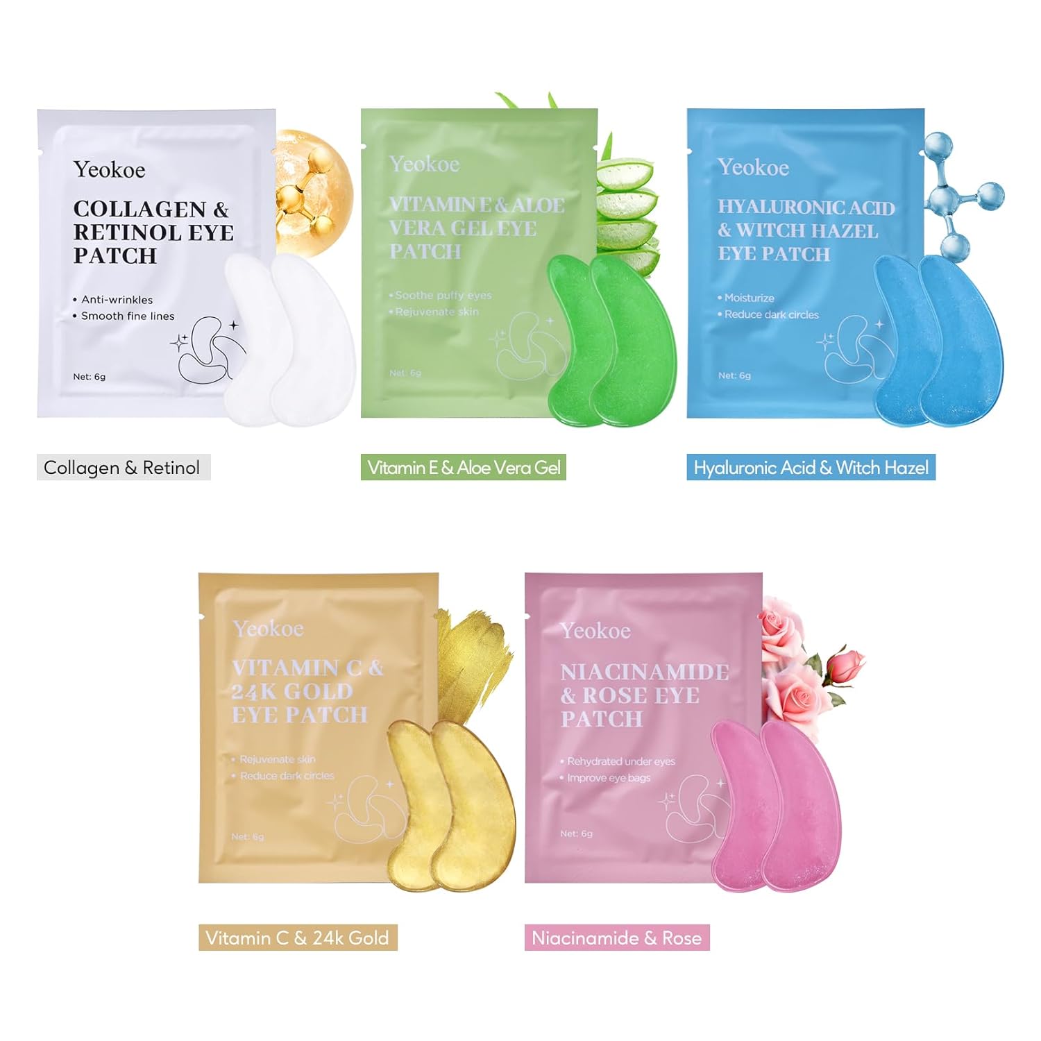 Yeokoe Under Eye Patches for Dark Circles,Eye Mask for Puffy Eyes With Collagen,Retinol,Vitmin C,Hyaluronic Acid and Niacinamide Face Masks Skincare Spa Gifts for Woman 20Pairs