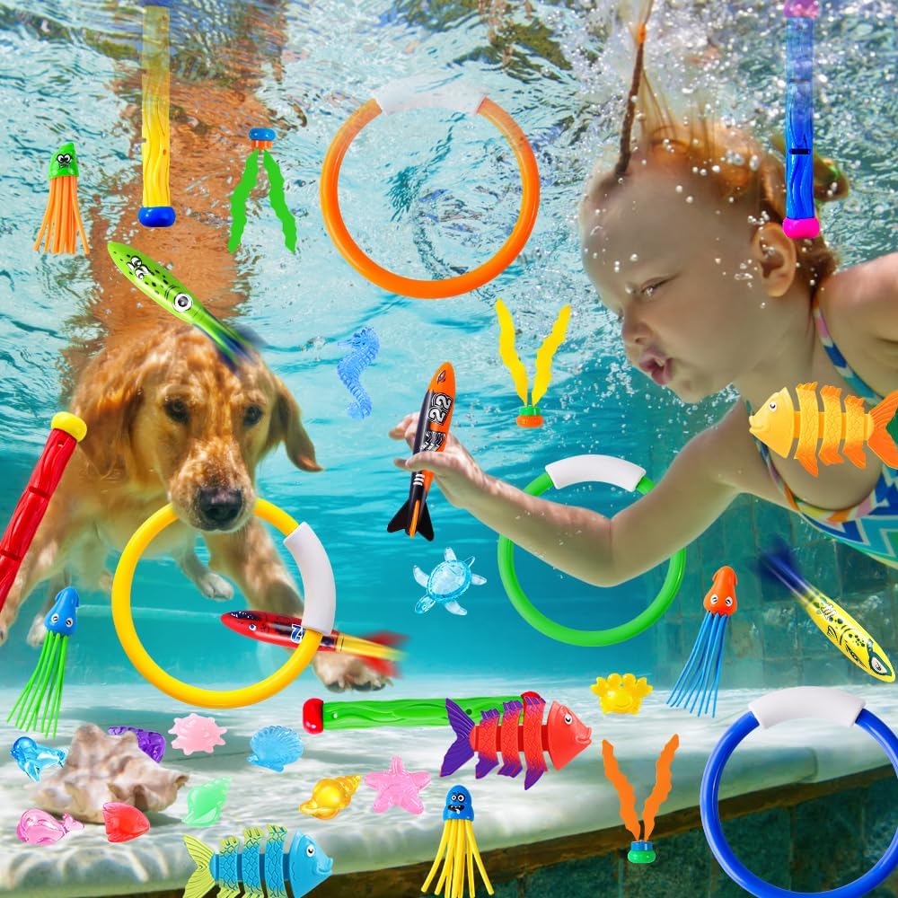 YUJUN Pool Diving Swimming Toys, Summer Underwater Game Toys with Pool Fishes Dive Sticks Rings Gems Storage Bag for Kids Swim Birthday Party Favors