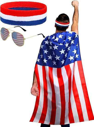Frienda American Flag Costume Cape, 4th of July 250th Retro 80's USA Sunglasses and Flag Headband for 250th Anniversary