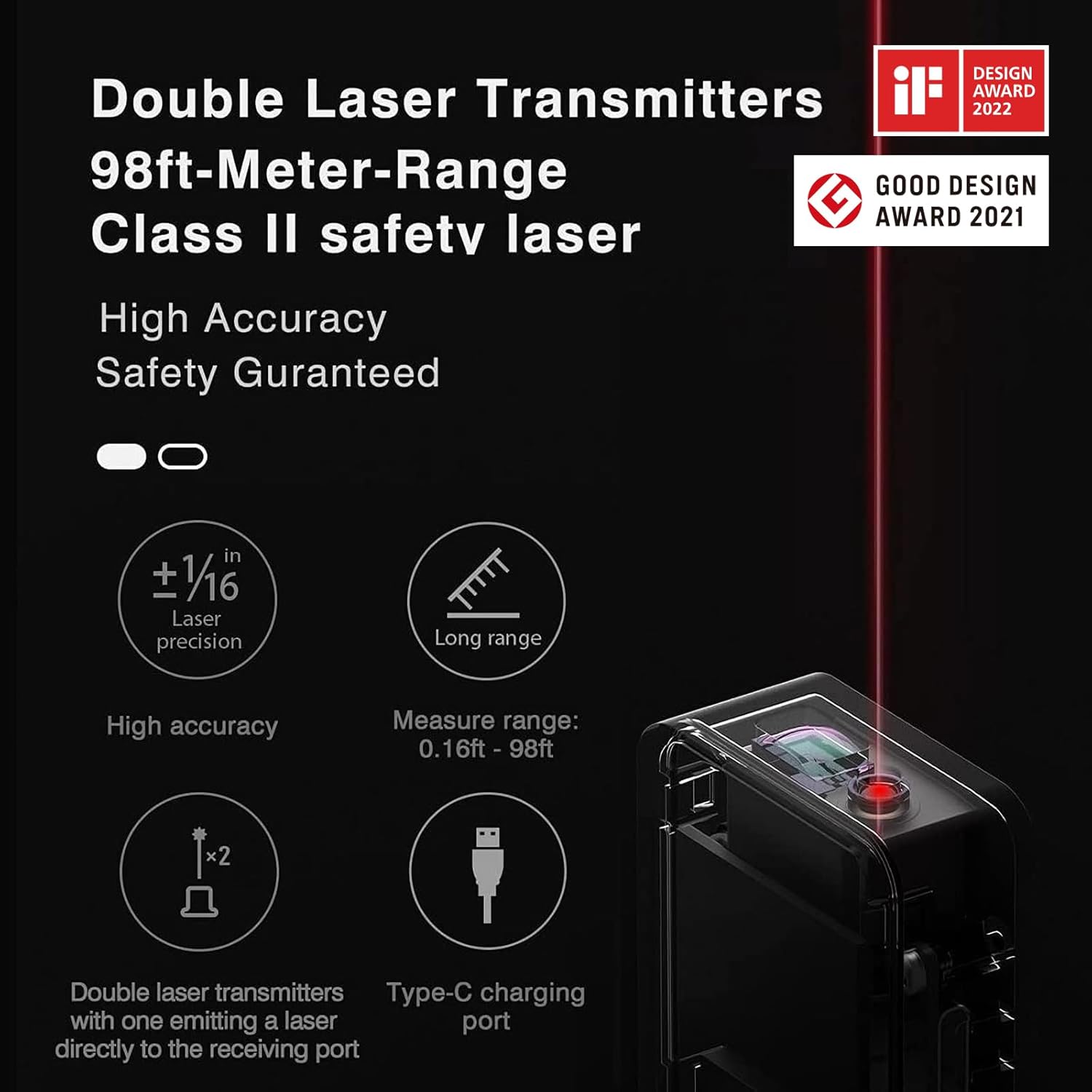 HOTO Pocket-Size Laser Measuring Tool, EDC Gadget Birthday Gift for Men Dad | Keychain-ready Carry Design, 98Ft Laser Tape Measure ±2mm Accuracy, USB-C Rechargeable, OLED Display, Ft/M/in Unit Conversion
