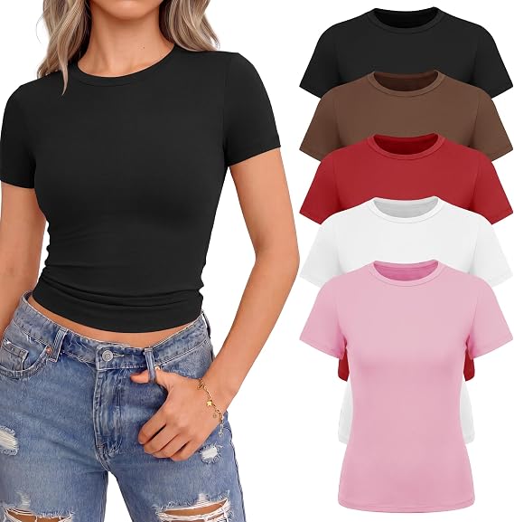 NexiEpoch 5 Pack T Shirts for Women - Crew Neck Short Sleeve Crop Tops Plain Casual Basic Tees Fitted Clothes Cute Y2K Outfit