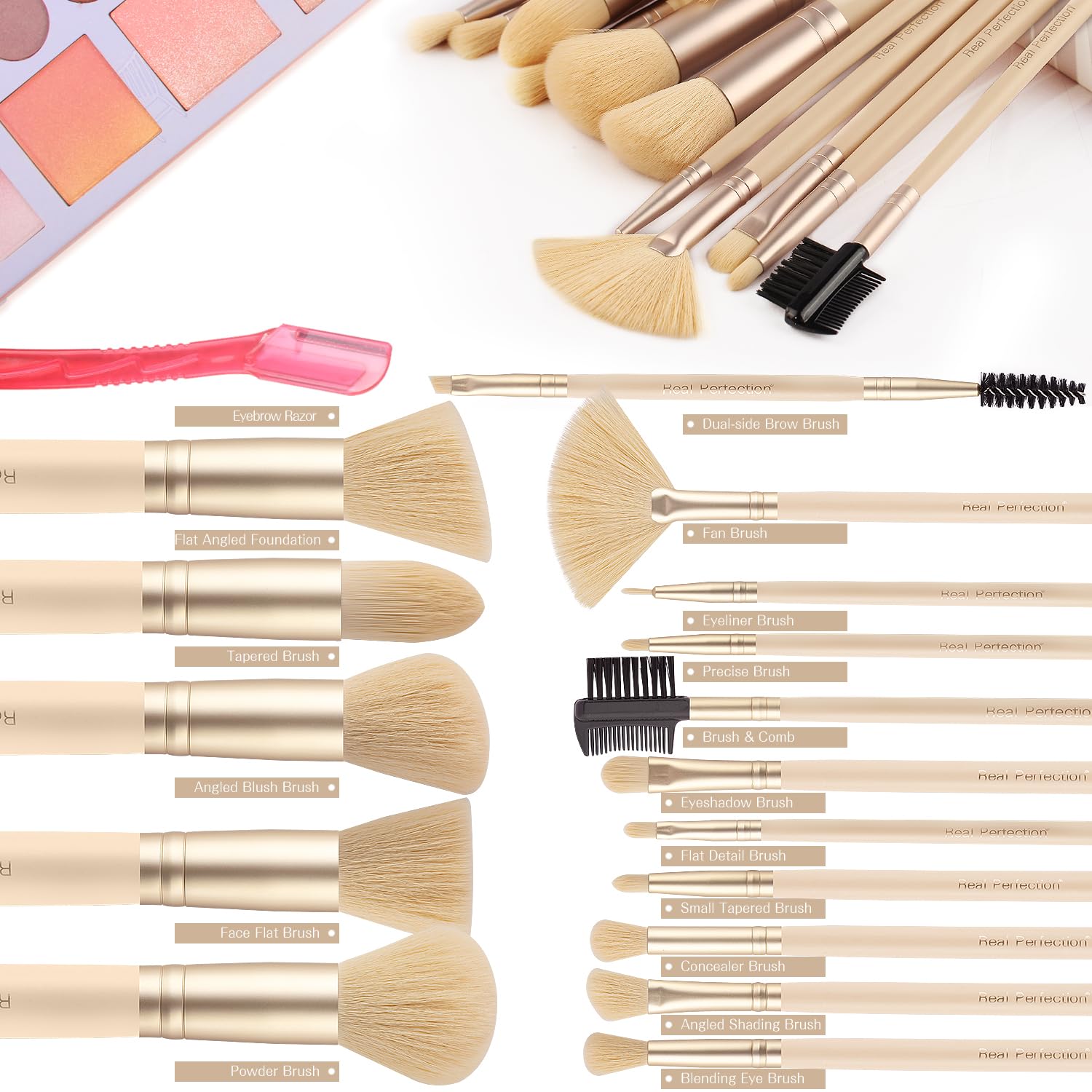 Real Perfection Makeup Brush Set 16 Pcs with 1 Eyebrow Razor Premium Synthetic Foundation Powder Concealers Eyeshadow Blush Makeup Brushes Make up Brushes Kit