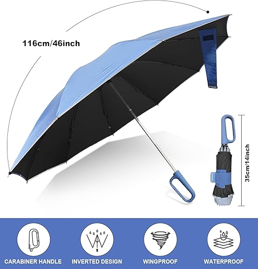 QWB Inverted Umbrella with Carabiner Handle, Compact Wind Proof Umbrellas For Rain and Sun Protection, Portable Reverse Folding Umbrella, Car Umbrella for Women Men, 10 Ribs