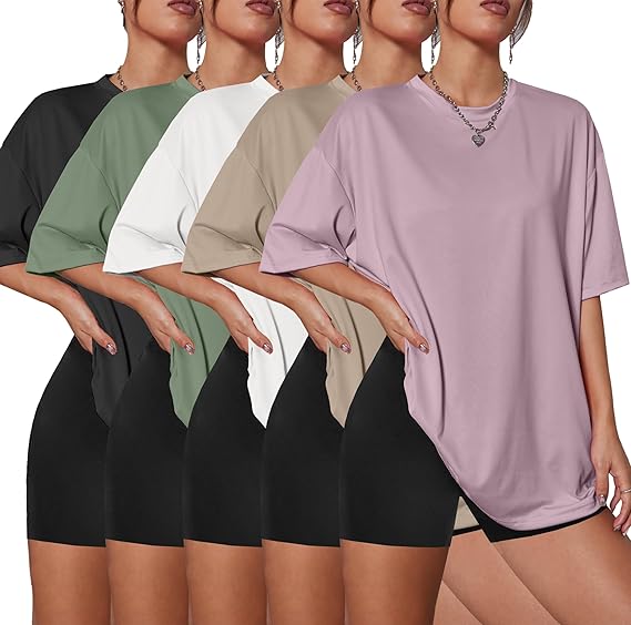 Kinglaman 5 Pack Womens Oversized T Shirts Workout Short Sleeve Summer Tops | Loose fit plus size crew neck tee, Baggy, Casual daily summer wear