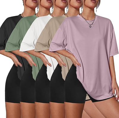 Kinglaman 5 Pack Womens Oversized T Shirts Workout Short Sleeve Summer Tops | Loose fit plus size crew neck tee, Baggy, Casual daily summer wear