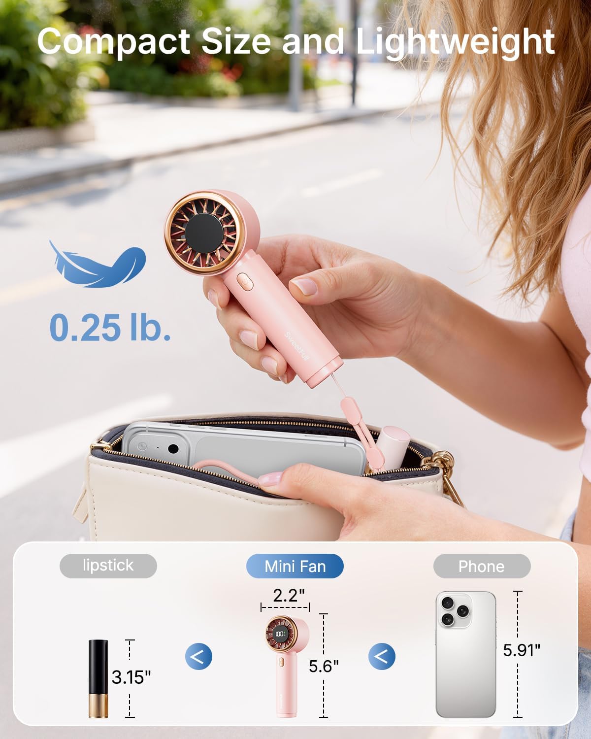 SWEETFULL Mini Fan Portable - Cute Handheld Turbo Fan with Rechargeable Battery, 5 Speeds, Small Hand Personal Travel Essentials for Women, Girls, Kids, Lash, Makeup