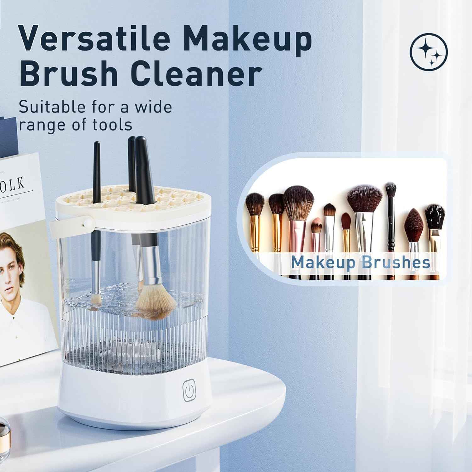 Electric Makeup Brush Cleaner - 12000 RPM Makeup Brush Cleaning Machine, IP65 Waterproof Automatic Makeup Brush Cleaner with Cleaning Solution, for Makeup Sponges and Brushes-White.