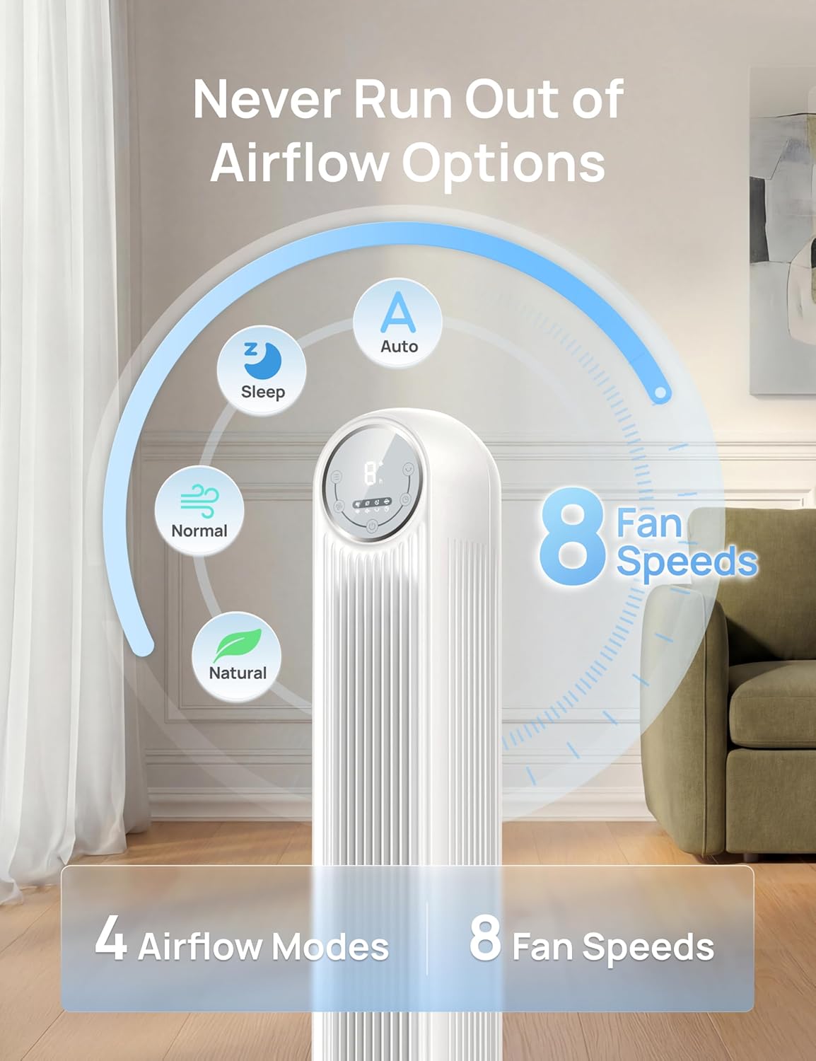 DREO Tower Fan for Bedroom, 2026 Upgraded DC Motor, 28ft/s High Velocity, 20dB Ultra Quiet Standing Fan, 8 Speeds 4 Modes, 90° Oscillating Bladeless Fan for Indoors, Floor Fans with Remote