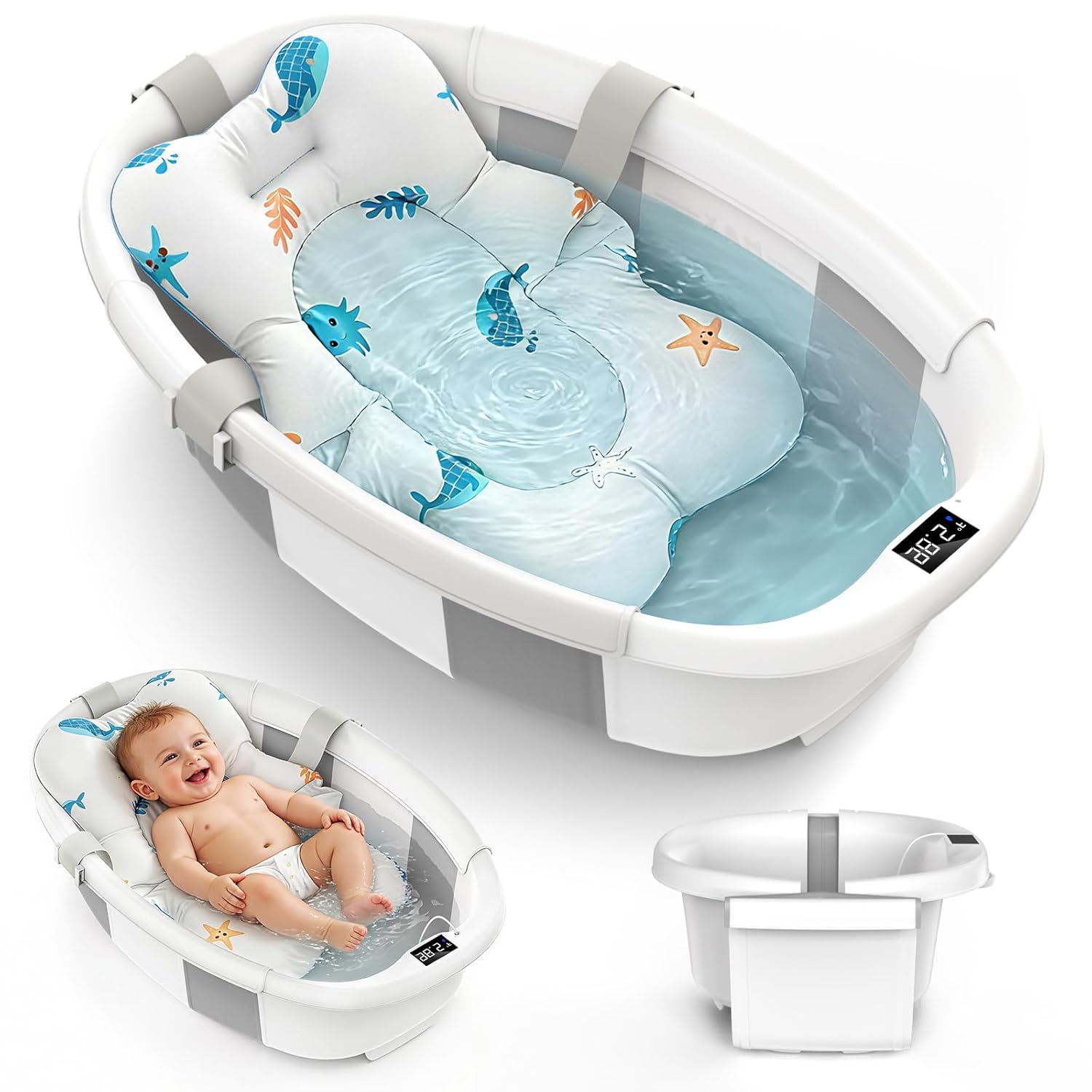 Collapsible Baby Bathtub for Newborn to Toddler 0-36 Months, Large Baby Bath Tub with Thermometer & Cushion, Easy Setup Foldable Travel Infant Bathtub, Newborn Babies Boy Girls Bath Tubs