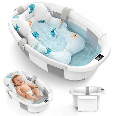Collapsible Baby Bathtub for Newborn to Toddler 0-36 Months, Large Baby Bath Tub with Thermometer & Cushion, Easy Setup Foldable Travel Infant Bathtub, Newborn Babies Boy Girls Bath Tubs
