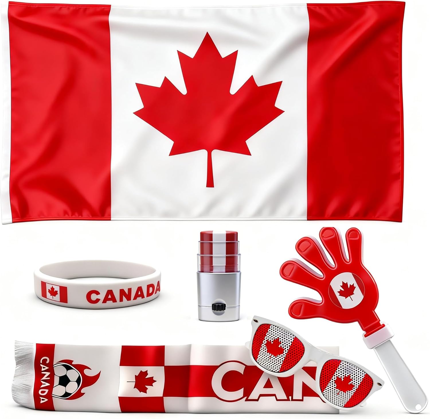 6 Pcs Cheering Set for Game Day Watch Party – Flag, Fan Scarf, Wristband, Flag Glasses, Hand Clapper, Blendable Face Paint Sticks