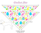 Measurement chart for a dog bandana with Easter design, showing size and fit for medium to large dogs.