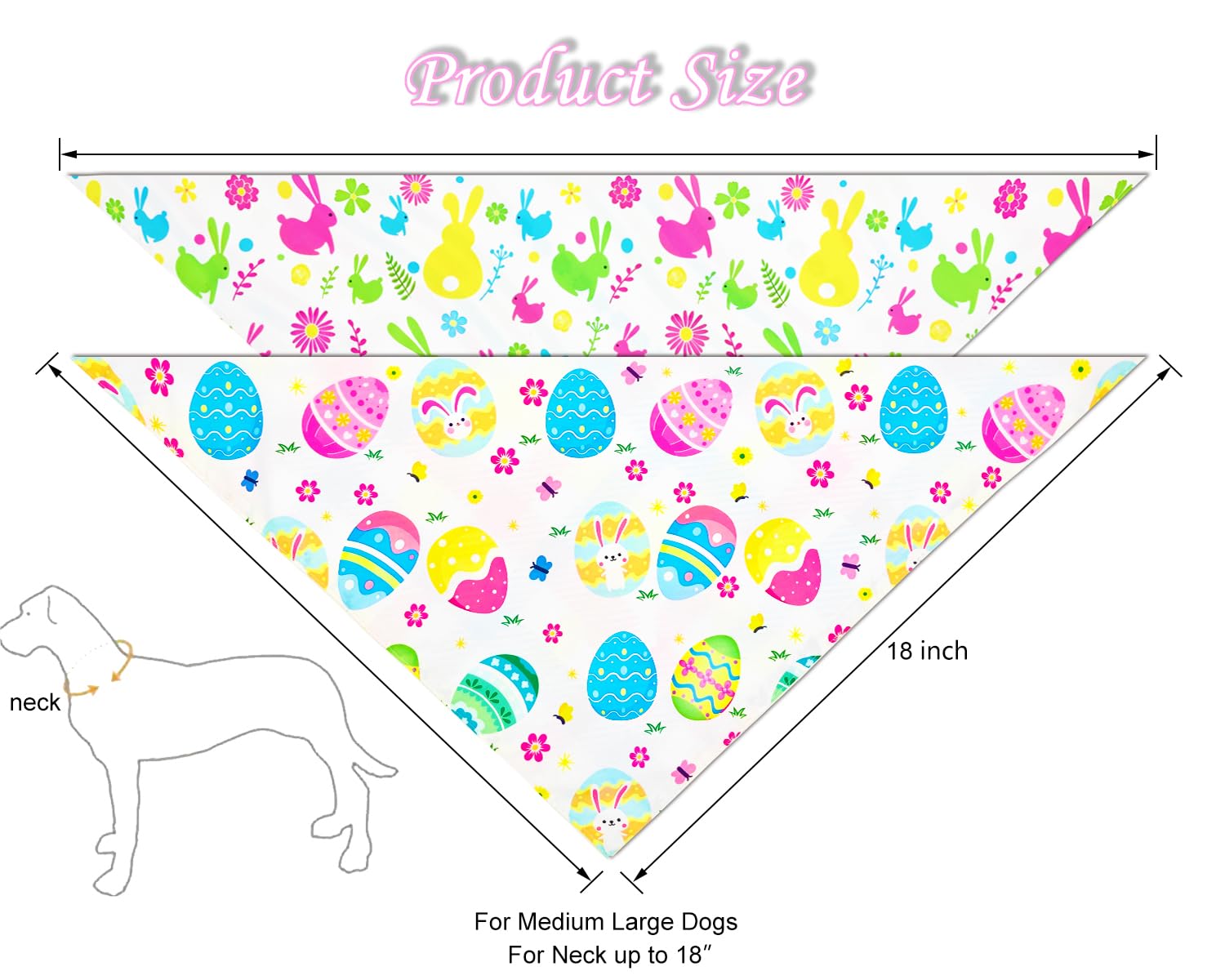 Measurement chart for a dog bandana with Easter design, showing size and fit for medium to large dogs.