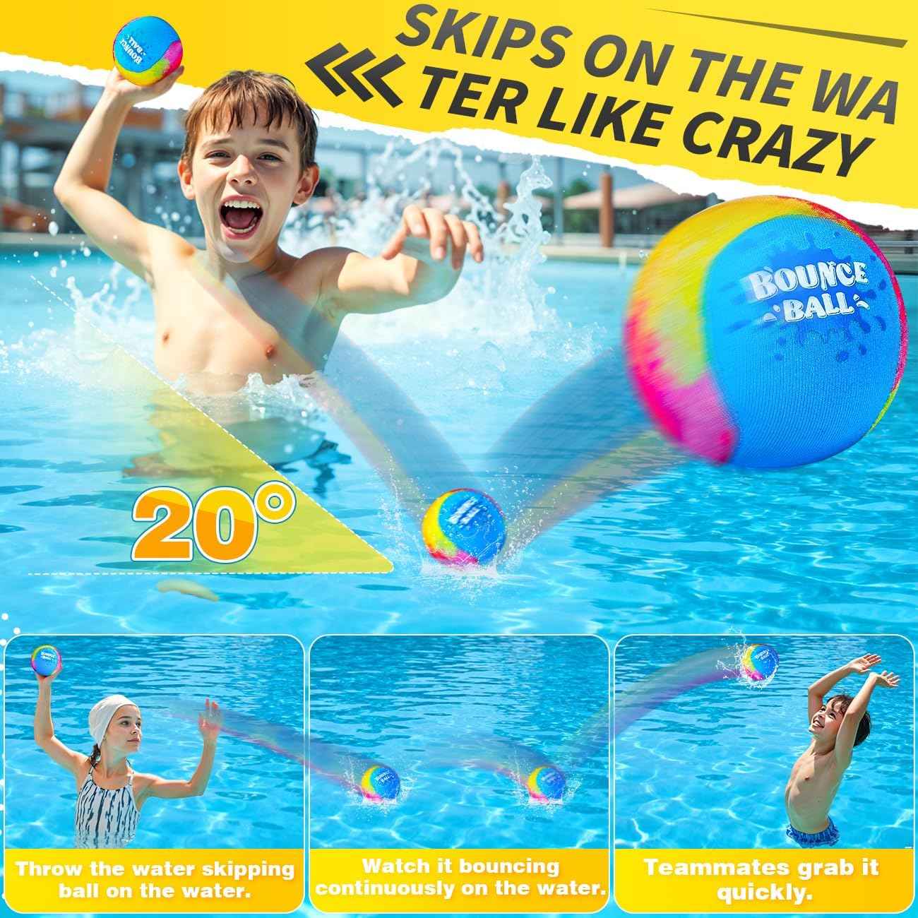 Bambilo Water Skipping Ball | 2-Pack Bounce Balls | Water Bouncing Beach Balls & Grip Ball | Pool Toys for Kids Age 5-8-12 | Great Summer Water Toy for Beach Swimming Pool River Lake