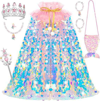 Meland Princess Dress Up for Girls 3-8, Mermaid Cape with Crown, Dress Up Clothes Birthday Gift Toys for Girls Toddlers