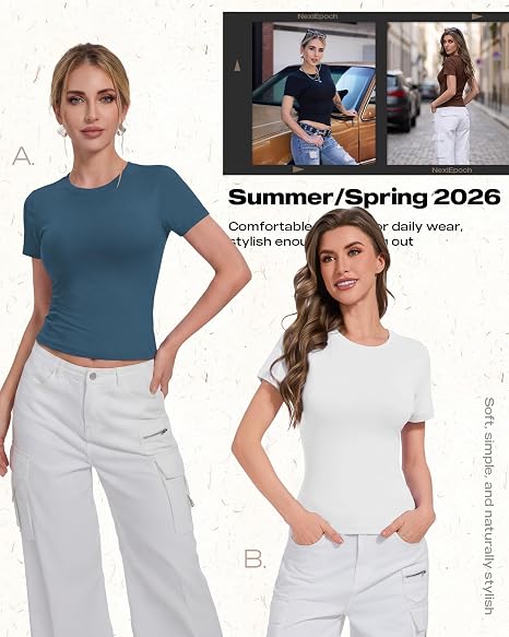 NexiEpoch 5 Pack T Shirts for Women - Crew Neck Short Sleeve Crop Tops Plain Casual Basic Tees Fitted Clothes Cute Y2K Outfit
