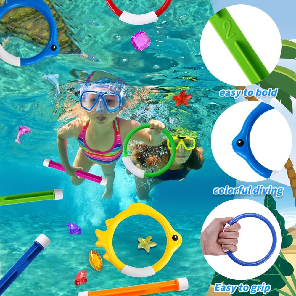 YUJUN Pool Diving Swimming Toys, Summer Underwater Game Toys with Pool Fishes Dive Sticks Rings Gems Storage Bag for Kids Swim Birthday Party Favors