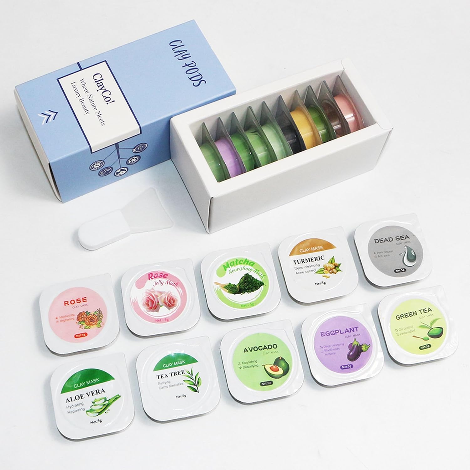 ClayCo! 10 Piece Clay Mask Variety Kit for Men & Women Facial and Skin Care, Clay Face Mask Set (Rose, Dead Sea, Green Tea, Aloe Vera, 24K Gold)