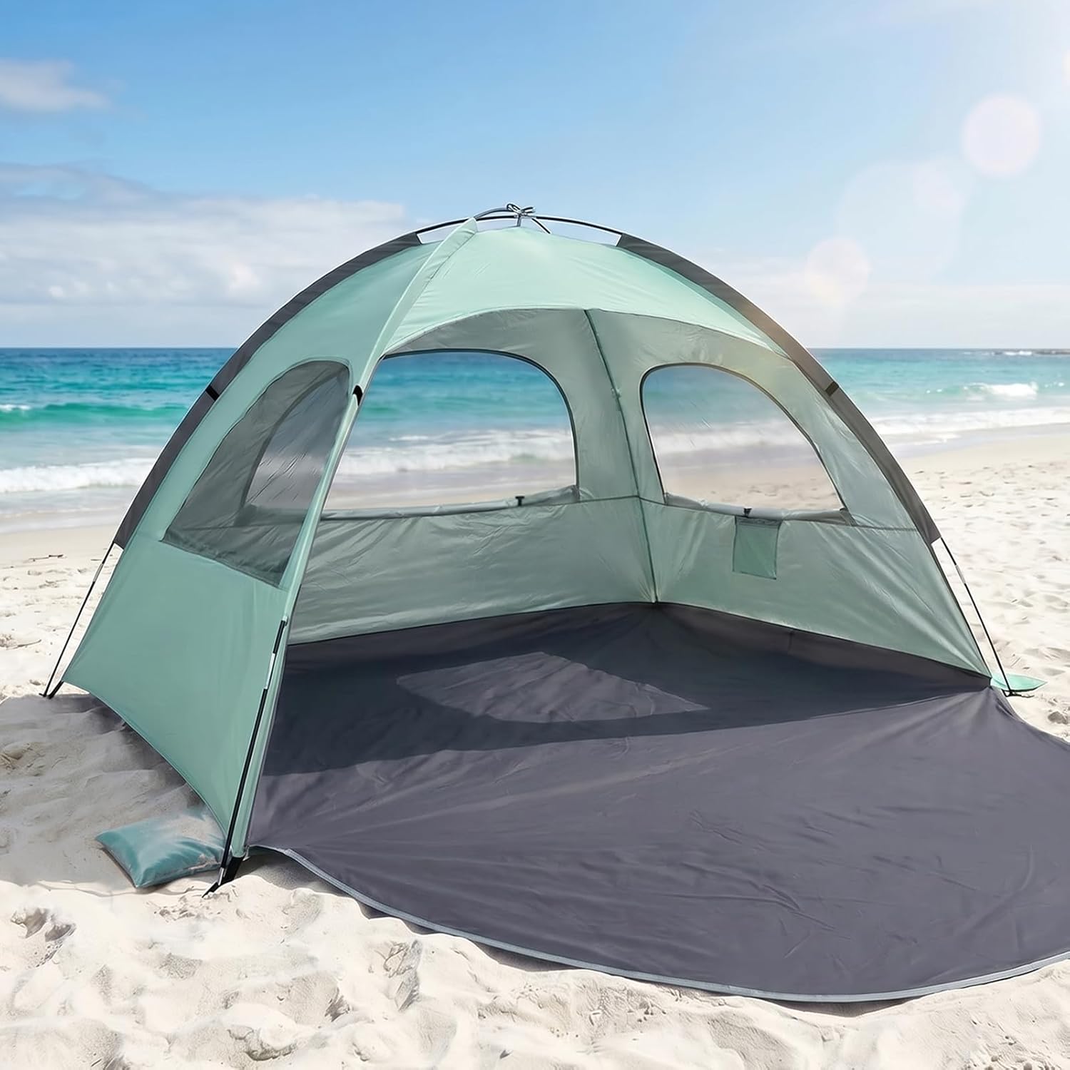 WhiteFang Beach Tent Anti-UV Portable Sun Shade Shelter for 3 Person, Extendable Floor with 3 Ventilating Mesh Windows Plus Carrying Bag, Stakes and Guy Lines
