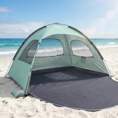WhiteFang Beach Tent Anti-UV Portable Sun Shade Shelter for 3 Person, Extendable Floor with 3 Ventilating Mesh Windows Plus Carrying Bag, Stakes and Guy Lines