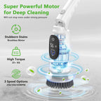Electric Spin Scrubber, Cordless Cleaning Brush, 3H Work Time, Bathroom Scrubber with LED Display, 3-Speed Extendable Handle, IPX7 Waterproof, 8 Brush Heads for Shower, Tile, Tub, Floor, Toilet, Grout